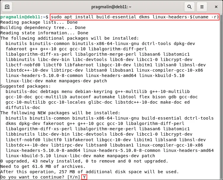 Terminal screenshot that shows you how to install the dependencies needed, before you can install the VirtualBox Guest Additions in Debian 11 bullseye.