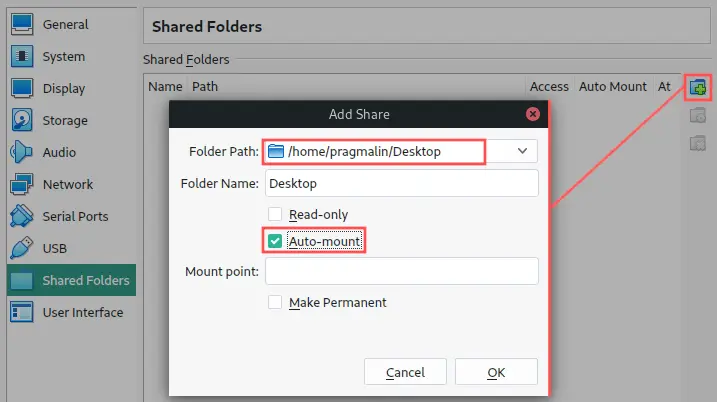 Screenshot of the VirtualBox virtual machine settings that illustrates how to configure an auto-mounted shared folder.