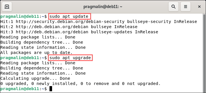 Terminal screenshot that shows you how to update the installed packages on your Debian 11 bullseye system, using the commands "sudo apt update" and "sudo apt upgrade".