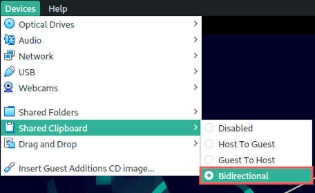 VirtualBox virtual machine screenshot that shows how to enable the bi-directional clipboard.