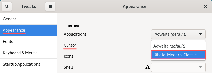 GNOME Tweaks screenshot showing you how to select a different GNOME cursor theme.