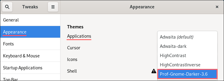 GNOME Tweaks screenshot showing you how to select a different GNOME GTK (applications) theme.