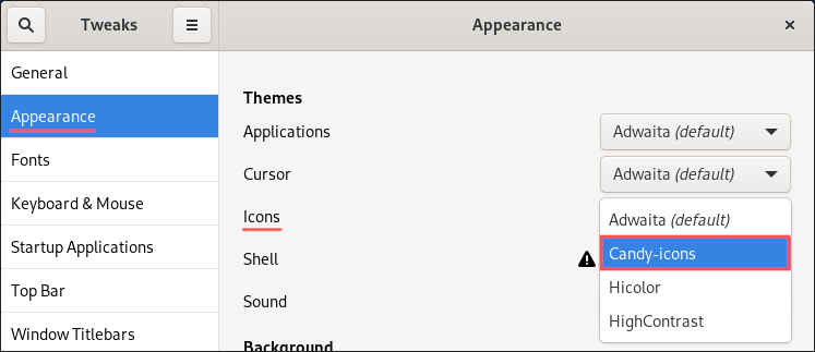 GNOME Tweaks screenshot, showing how to configure an icon theme.