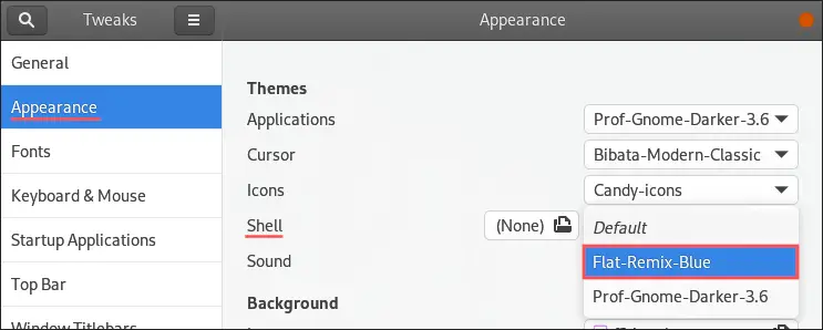 GNOME Tweaks screenshot that shows you how to change to a different GNOME Shell theme.