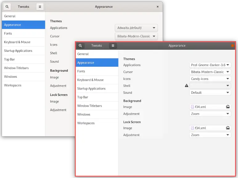 Comparison screenshot of an application window, after manually installing and selecting a GNOME GTK theme.