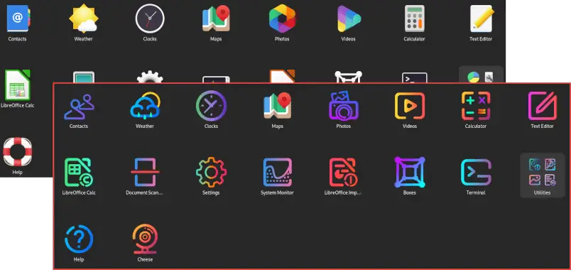 Comparison screenshots of the GNOME applications overview, showing you the different before and after manually installing a GNOME icon theme.