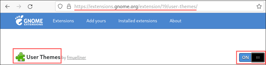 Screenshot of how to install the User Themes GNOME extension. This extension is needed to change the GNOME shell theme.