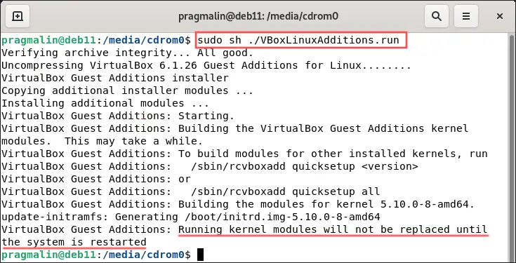 Terminal screenshot that shows you how to install the VirtualBox Guest Additions in Debian 11 bullseye, but running the VBoxLinuxAdditions.run shell script.