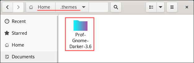 Nautilus file manager screenshot that shows you what the contents of the ~/.themes directory looks like, after manually installing a GNOME GTK theme.