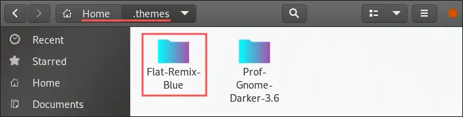 Nautilus file manager screenshot that shows you the contents of the ~/.themes directory, after manually installing a GNOME Shell theme.