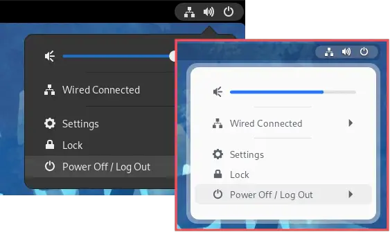 Before and after screenshot to illustrate the differences after manually installing and configuring a GNOME Shell theme.