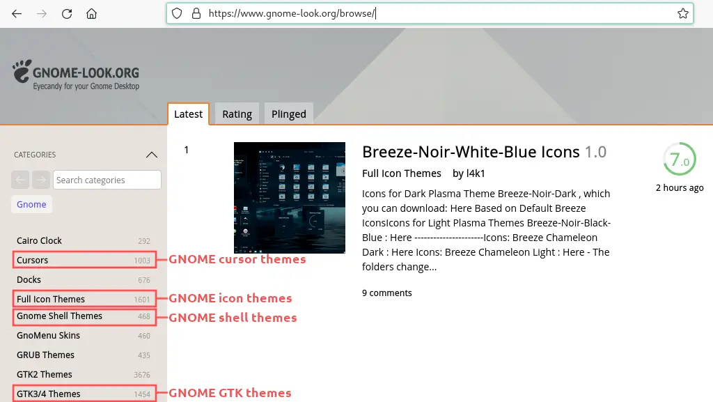Web browser screenshot of the gnome-look.org website, highlighting the categories for GNOME icon, cursor, GTK and Shell themes.