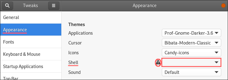 GNOME Tweaks screenshot highlighting that you cannot change the Shell theme by default.