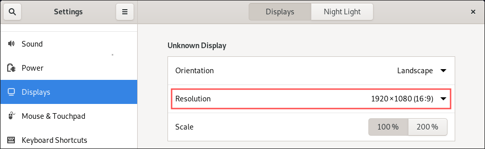 GNOME display settings screenshot that shows that the resolution matches the monitor's native resolution, proving that the Guest Additions were successfully installed.