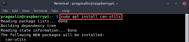 Terminal screenshot that shows how to install the can-utils package in the Raspberry PI operating system.