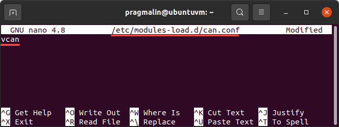 Editing a conf file in directory "/etc/modules-load.d" to automatically load the vcan Linux kernel module.