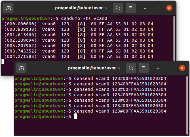 Two terminal screenshots with one showing the output of candump and the other for running cansend. It's used to verify that CAN communication is possible using the newly created vcan0 virtual CAN interface.
