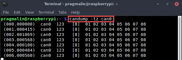 Screenshot of running the candump program of the can-utils package. Candump enables you to view the CAN messages that the SocketCAN network interface of your Raspberry PI sees on the CAN bus.