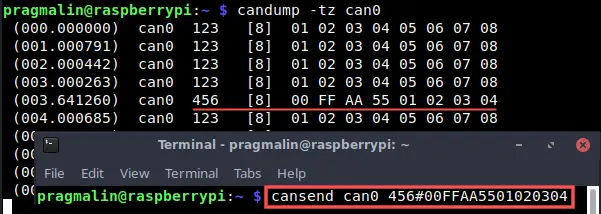 Screenshot of the cansend program in action. Cansend allows you to send CAN messages using the SocketCAN network interface on your Raspberry PI.
