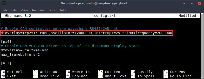 Nano editor screenshot of file /boot/config.txt. It shows the device tree overlay statement needed to enable a Microchip MCP2515 CAN controller SPI based SocketCAN device on the Raspberry PI.