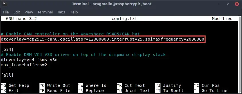 Nano editor screenshot of file /boot/config.txt. It shows the device tree overlay statement needed to enable a Microchip MCP2515 CAN controller SPI based SocketCAN device on the Raspberry PI.