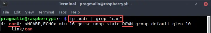 Terminal screenshot showing the output of the "ip addr" command for listing the CAN devices that the Linux kernel detected.