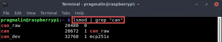 Terminal screenshot showing the output of the "lsmod" command, used to verify that the can and can_raw kernel modules were properly loaded using "modprobe".