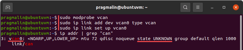 Terminal screenshot that shows you how to create a virtual CAN interface on Linux. It loads the vcan kernel module with "modprobe". Then creates and brings up the virtual interface with "ip link".