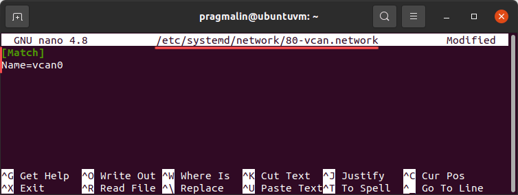 Creating a network file in "/etc/systemd/network" to automatically bring the virtual CAN interface, with name vcan0, online with each Linux system boot.