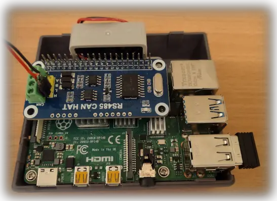 Picture of what a properly installed Waveshare RS485/CAN shield looks like on a Raspberry PI 4.