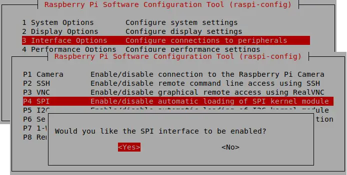Screenshots of the Raspberry PI configuration tool (raspi-config), showing you how to enabled the SPI interface.