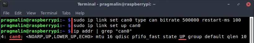 Terminal screenshot that shows how to configure and bring up a SocketCAN network interface on your Raspberry PI.