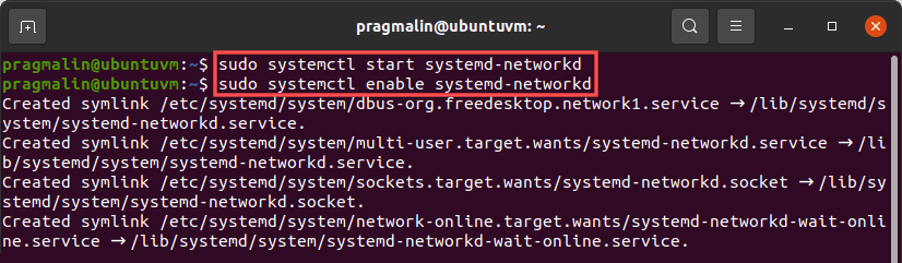 Terminal screenshot that shows you how to enable and start the networkd-systemd service with systemctl.