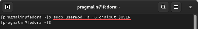 Terminal screenshot that show you how to add your Linux user to the group dialout, using the usermod command. Only the root user and those belonging to the dialout group, have permission to access the Arduino serial device.