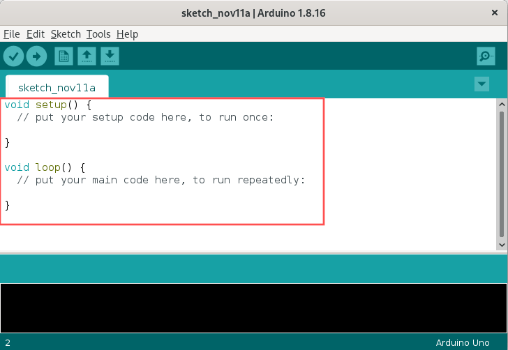 A first look at the Arduino IDE after the install on your Linux system.