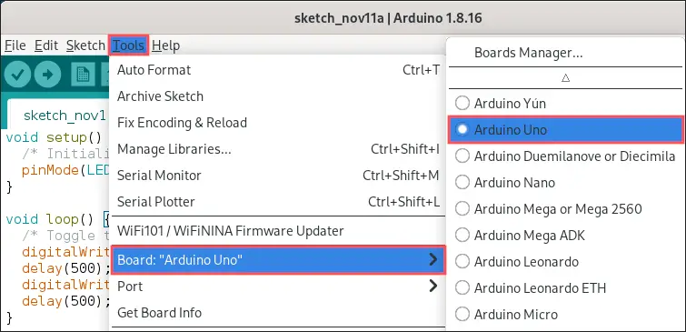 Arduino IDE screenshot that shows you how to configure the correct Arduino board.
