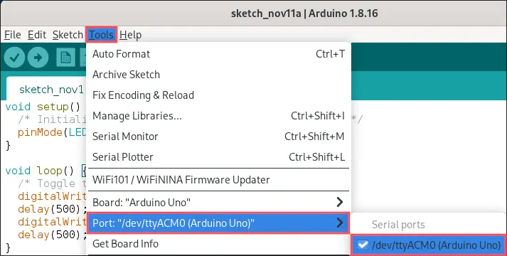 Arduino IDE screenshot that shows you how to configure the serial port device to use for uploading programs to your Arduino. In this case /dev/ttyACM0.