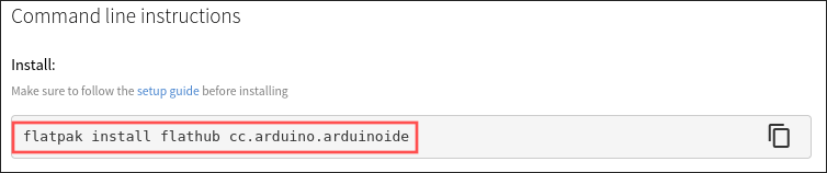 Web browser screenshot from the Flathub website, highlighting the command line instruction to install the Arduino IDE Flatpak on Linux.