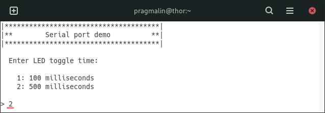 Screenshot of the screen program to monitor the serial port in Linux.