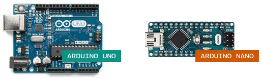 Picture of the Arduino Uno and Arduino Nano boards.