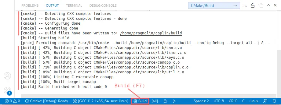 Partial Visual Studio Code screenshot that shows the output window of building a SocketCAN C application based on the CAPLin framework.