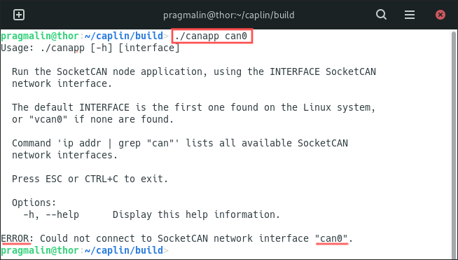 Terminal screenshot that shows the help information, build into a SocketCAN C application based on the CAPLin framework.