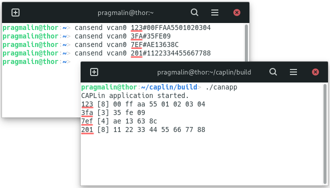 Screenshots of two terminal screens. One shows how the cansend program is used to transmit CAN messages. The other one runs the canapp CAPLin node application and demonstrates that it properly receives CAN messages.