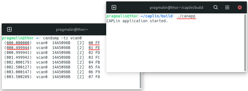 One terminal screen running the CAPLin node application, basically a SocketCAN C application that periodically transmits a CAN message. Another screenshot runs the candump program that shows the reception of all CAN messages, used to verify that the periodic transmission works.