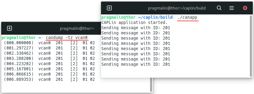 Terminal screenshots with the canapp CAPLin node application running in one, and candump running in another. It shows the CAN message transmission  from the CAPLin node application works.