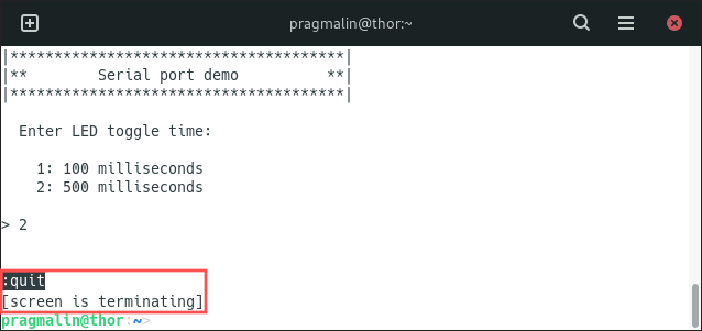 Screenshot that shows how to close the screen program. First enter command mode by pressing CTRL+A. Next type :quit and press enter.