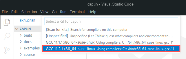 Partial Visual Studio Code screenshot that highlights how to select the GCC kit for building the CAPLin node application.