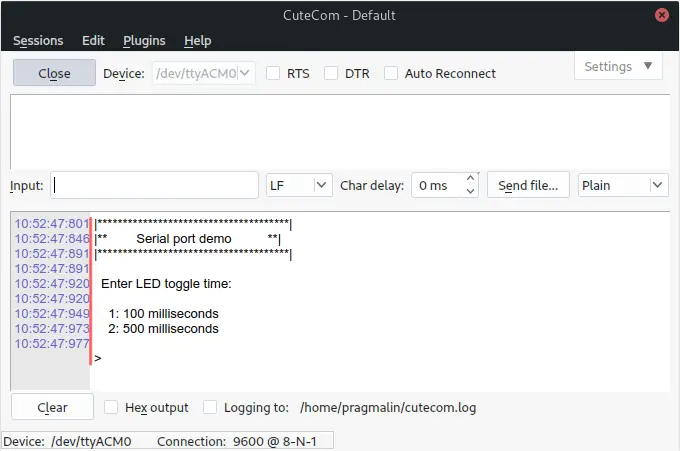 CuteCom screenshot that shows the program communicating with an Arduino Uno. CuteCom offers a GUI to monitor the serial port in Linux.