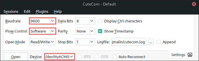 Screenshot of the CuteCom settings window. It shows how to configure the baudrate, flow control and serial port device.