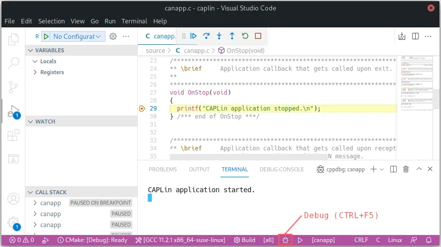 Visual Studio Code screenshot that explains how to debug a SocketCAN C application based on the CAPLin framework.